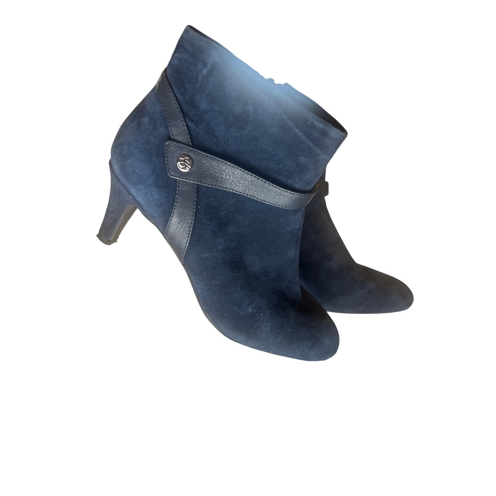 Alex Marie Navy Suede Ankle Booties Blue Leather Trim Kitten Heel Boots 7.5M